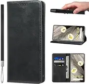 LANJLM Google Pixel 8 Case with Wrist Strap PU Leather Pixel 8 Wallet Case Card Holder Shockproof Google 8 Flip Cover - Black