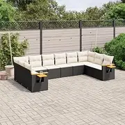 10 Piece Garden Sofa Set with Cushions in Black PE Rattan - Modular Patio Furniture Set with Storage & Folding Table, UV Resistant for Outdoor Balcony, Porch, or Garden - Includes Washable