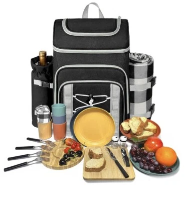 Picnic Basket Backpack Insulated Cooler Cutlery Wine Holder Leakproof Complete