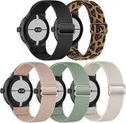 [Folavii] 5 Pack Stretchy Nylon Compatible with Google Pixel Watch Band, Elastic Adjustable Straps Replacement Wristbands for Google Pixel Watch Bands for Women Men