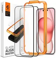 [Spigen] AlignMaster Full Cover for iPhone 15 Plus Screen Protector, Easy Application Auto Alignment Technology Installation Tray Oleophobic Coating 9H Tempered Slim Glass [2-Pack] - Black