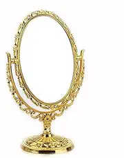 Desktop Makeup Mirror,Blixy Antique Vintage European Style Two Sided Swivel Oval Tabletop Vanity Makeup Mirror with Embossed Hollow Flower Shiny Pedestal Makeup Mirror(Gold)