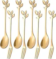 AnSaw 8-Piece Gold 4.7" Leaf Handle Mini Spoons & Forks - Perfect for Coffee, Desserts, Tea, Appetizers | Elegant Stainless Steel Cutlery Set for Parties, Charcuterie Boards & Cocktails