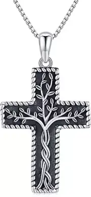 Cross Necklace, 925 Sterling Silver Cross Tree of Life Pendant for Women Men Rel