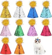InnoHHustle Mini Party Hats for Stuffed Animals, 10 PCS Tiny Dinosaur Party Hats Adjustable Glitter Stuffed Animal Grooming Birthday Hat with Pom Pom for Toy Animals Figures Birthday Decorations