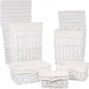 BIRDROCK HOME Woven Willow Baskets with Liner for Storage and Laundry - Set of 5 - Rectangular Hamper Bins with Lids - Decorative Wooden Wicker Basket for Organizing Blankets - Baby Organizer - White