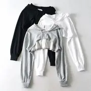 Long-Sleeve Plain Cropped Hoodie Black - S