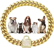 W/W Lifetime Dog Chain Collar Walking Metal Dog Collar with Bling Bling CZ Buckle, Gold Cuban Link 14MM Strong Heavy Duty Chew Proof for Small Medium Dogs (14MM, 16")