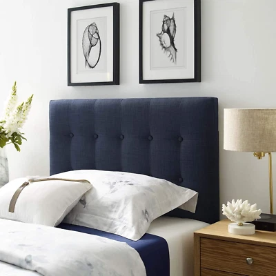 Emily Tufted Button Linen Fabric Upholstered Twin Headboard in Navy