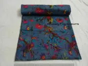 Queen Gray Bird Printed Boho Summer Kantha Quilt Cotton Home Dorm D?cor Blanket