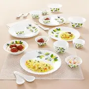 Larah by Borosil Green Leaves Silk Series Opalware Dinner Set | 27 Pieces for Family of 6 | Microwave & Dishwasher Safe | Bone-Ash Free | Crockery Set for Dining & Gifting | Plates & Bowls | White