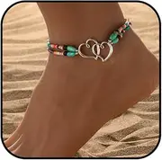 [KONPJE] Ankle Bracelets for Women Elastic Beaded Anklets Double Hollow Hearts Stretch Ankle Bracelet Layered Beaded Anklet Dainty Boho Beach Anklets Cute Heart Foot Jewelry for Beach Party