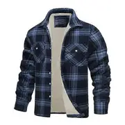 Men Fall Winter Jacket Plaid Print Lapel Soft Plush Pockets Single-breasted Loose Thickened Long Sleeve Casual Mid Length Men Coat blue 2XL