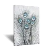 iHAPPYWALL Large Peacock Feathers Canvas Wall Art Prints Blue and Grey Abstra...