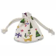 10 Small Christmas Themed Fabric Drawstring Bags, 3"x4" Cloth Pouches, Goody Bag