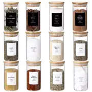 12 Pcs Glass Spice Jars With 296 Spice Labels Preprinted of White and Black C...