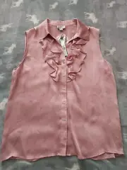 TAHARI Button-Front Sleeveless Ruffled Top Blouse Pale Pink Size L NWT! MSRP $56