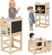 4 in 1 Kids Step Stool, Wooden Learning Tower with Blackboard,Safety Rail and Busy Board,Kitchen Stool Helper for Toddlers,Helper Standing Tower for Kitchen Counter,Bathroom
