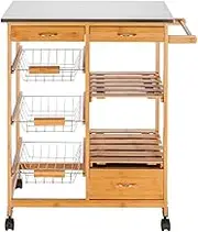 Kitchen Island Cart on Wheels, 3 Tier Rolling Kitchen Cart Serving Cart Trolley with 3 Storage Drawer, 2 Open Shelves and Three Baskets, Stainless Steel Top Kitchen Baker’s Rack, Towel Rack