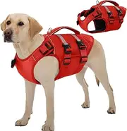 Kuoser Dog Life Jacket Large, Dog Lifejackets with Handle and Reflective, Adjustable Dogs Buoyancy Jacket for Dog Swimming Vest, Large Dog Float Jacket with Improved Buoyancy, Dog Life Vest Red 2XL