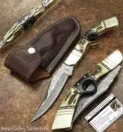 IMPACT CUTLERY RARE CUSTOM DAMASCUS FOLDING LOCK BACK POCKET KNIFE STAG ANTLER