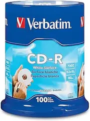 Verbatim CD-R 700MB 80 Minute 52x Recordable Disc with Blank White Surface - 100 Pack Spindle