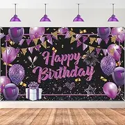 Purple Happy Birthday Banner - Black Gold Party Decorations Large Sign Shiny Backdrop Photo Booth Background for Women Girls 71 x 44 Inch