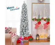 Costway 186CM Slim Christmas Tree Flocked Xmas Tree w/373 Tips Pine Needles LED Lights Artificial Party Decoration