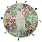 Ethnic Round Floor Cushion Cover Vintage Patchwork Green 28x28 Cotton Pouffe