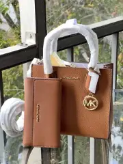 New Michael Kors MK Leather Logo Small Mercer Crossbody Bag Luggage+Wallet