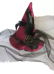 7" Burgundy Witch Mini Hat Costume w Black Veil and Feathers and tulle flowers