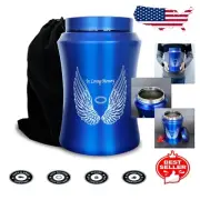 Polished Stainless Steel Large Urn - Blue with Angel Wings for Ashes, Velvet Bag