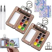 Portable Travel Paint Palette, Mini Watercolor Paint Set, Travel Paint Palette Bundle with Clips, Travel Paint Tray for Watercolors, Wooden Travel Paint Palette Watercolor Kit (Set of 2)