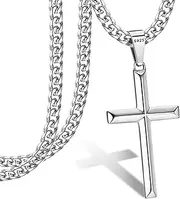 [Kakonia] 925 Sterling Silver Cross Necklace for Men Women with Stainless Steel Diamond-Cut Figaro Chain Necklace Delicate Highly Polished Beveled Edge Cross Pendant Necklace for Men Women 18-30 Inches