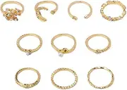 Acxico 10 Pcs/Set Women Crystal Leaf Flower Moon Star Opening Heart Rings Fashion Geometric Gold Pearl Ring Jewelry