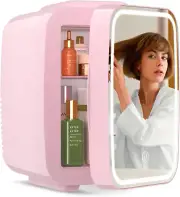 Skincare Fridge with Dimmable LED Light Mirror,4 Liter/6 Can Mini Fridge Skincar