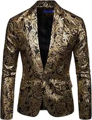 [DGHM-JLMY] Men Slim Fit Shawl Lapel Blazer Coat Regular Fit Suit Floral Blazer Jacket Business Jacquard Tuxedo Party Dinner, Black 1, Medium
