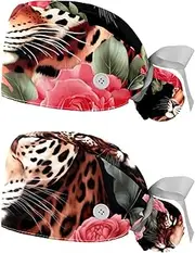 [YTYVAGT] 2-Pc,Nurse Scrub Caps,Scrub Hats with Buttons and Cotton Sweatband,Animal Leopard Rose Flower Pattern
