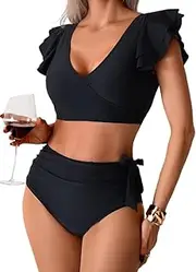 [Aizscvu] Women's Sporty Conservative Two-Piece Swimsuit, High-Waisted Tummy Control Bikini Set with Ruffled Bow Accents, Black, Large