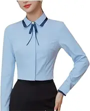 [Generic] Women's Long Sleeve V Neck Summer Top Casual Chiffon Shirt Loose Fit Work Office Shirt Top