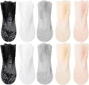 [UEIOAVL] Women's Socks, 5 Pairs Ruffle Socks for Women, Short Lace Socks, Mesh Socks, Summer Thin Mesh Lace Stockings for Women and Girls (Black, Skin, Grey, Pink, White)