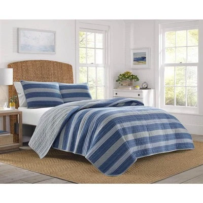 Nautica Saltmarsh 3-Piece Dark Blue Striped Cotton Full/Queen Quilt Set