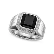 Mens 10.0mm Octagonal Onyx and Natural Diamond Accent Frame Band in Sterling Silver