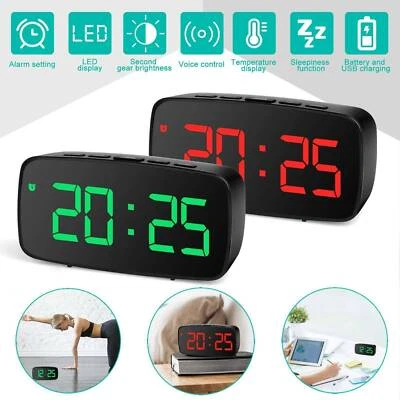 Large Digital LED Desk Alarm Clock Mirror Display USB Snooze Temperature 5 Keys