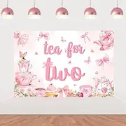 Sursurprise Tea for Two Decoration, 5x3ft Tea for Two Backdrop Banner, Pink Bow Teapot Teacups Floral 2nd Birthday Photography Background, Tea Theme 2 Year Old Birthday Party Supplies