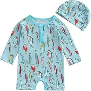 [Kavousa] Toddler Bathing Suit Boy One-Piece Fish Golf Pattern Snap Button Long Sleeve Swimwear Baby Boy Swimsuit