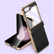 Leather Phone Case for Samsung Galaxy Z Flip6 Flip5 Flip 6 5 ZFlip5 Hinge Protection Cover with Tempered Glass,Black,for Galaxy Z Flip6