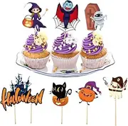 Halloween Dessert Toppers - 7X Cat Cake Decorations,Castle, Zombie, Ghost, Witch, Black Cat, Vampire, Pumpkin Fruit Food Cake Topper For Birthday