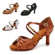 Women's Satin Latin Dance Shoes Tan Open-Toe Ballroom Heels with Cross-Strap Design and Buckle Closure – Ideal for Salsa, Tango, and Performance Dancing