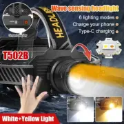 USB Charging White+Yellow LED Headlamp Head Light Torch Motion Sensor Zoom Lamp